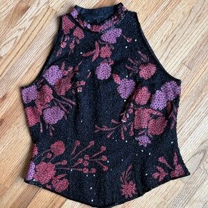 J Kara large beaded Black Halter blouse with Burgundy and Mauve Florals